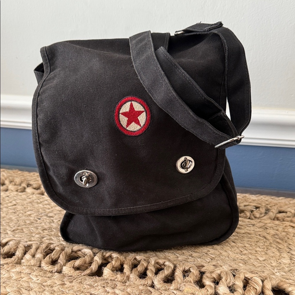 Black Canvas Crossbody Bag with Red Star Patch